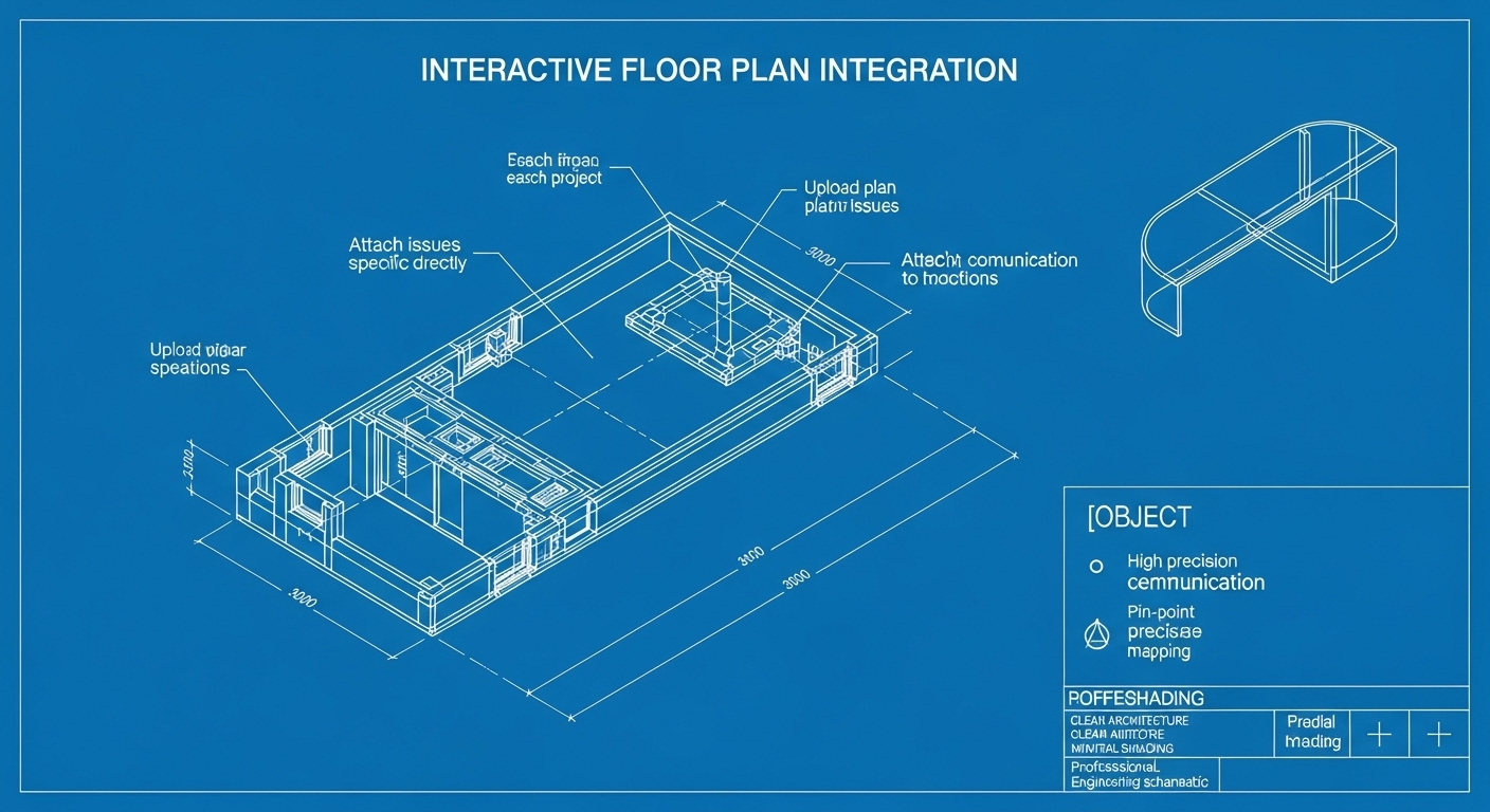 Interactive Floor Plan Integration showing precise issue marking, coordinate mapping, and location-specific documentation tools